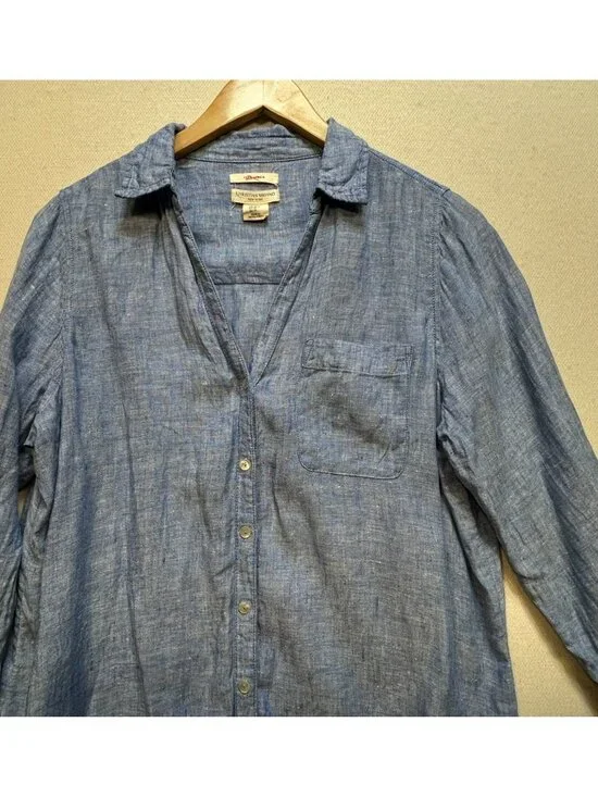 Christian Siriano Womens Button-Up Linen Shirt Medium Blue Chambray Casual Top - Picture 3 of 10